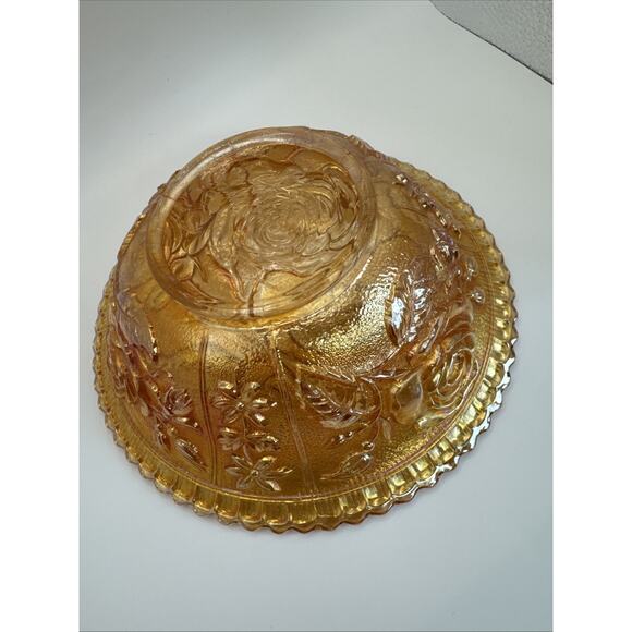 Marigold Carnival Glass Rose Pattern‎ Iridescent Bowl Decorative Vintage Dish 8” - Picture 5 of 9